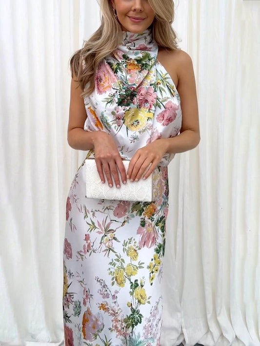 Halter Neck Floral Elastic Waist Maxi Dress