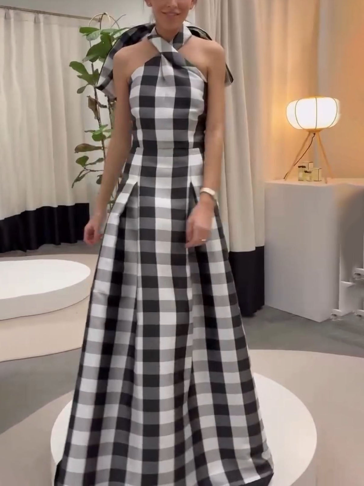 Classic Plaid Print Halter Neck Maxi Dress
