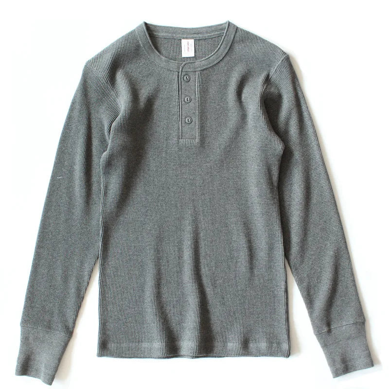 Harlow Waffle Henley in charcoal, front view