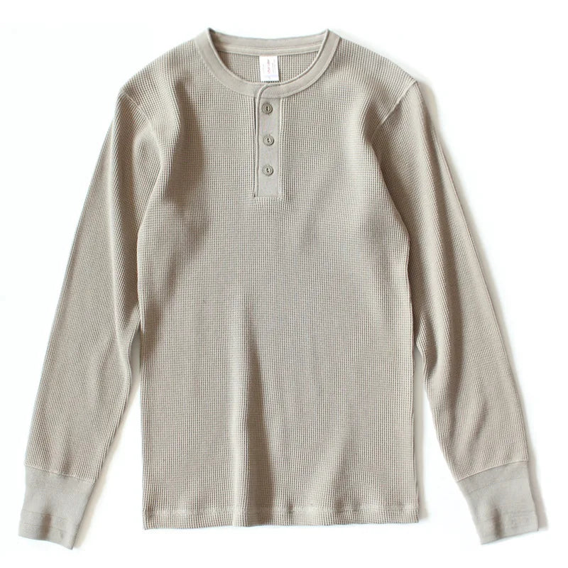 Harlow Waffle Henley in stone, front view