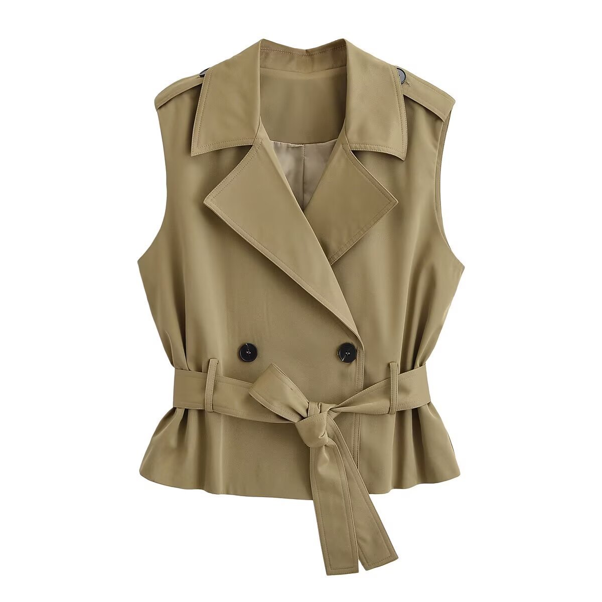 Sloane Trench Waistcoat in khaki, front view with tie belt knotted at the waist