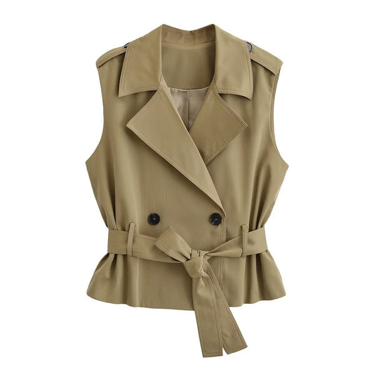 Sloane Trench Waistcoat in khaki, front view with tie belt knotted at the waist