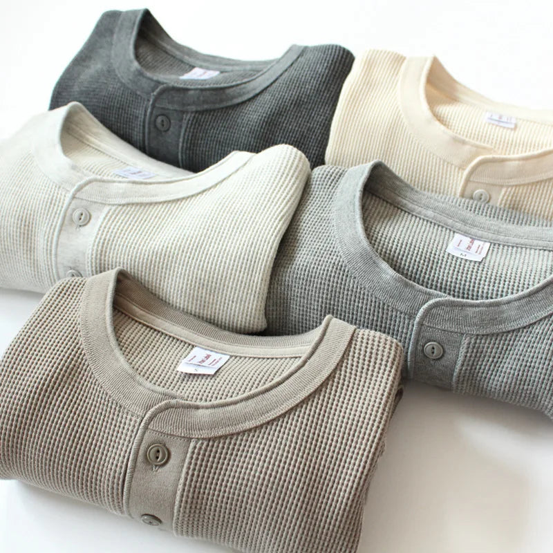 Harlow Waffle Henley folded in grey, charcoal, ecru and stone