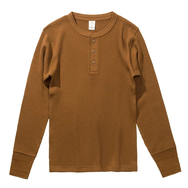 Harlow Waffle Henley in tan, front view