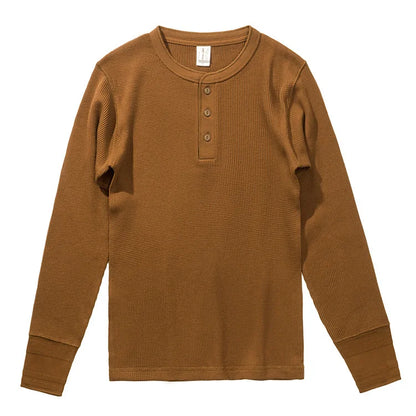 Harlow Waffle Henley in tan, front view