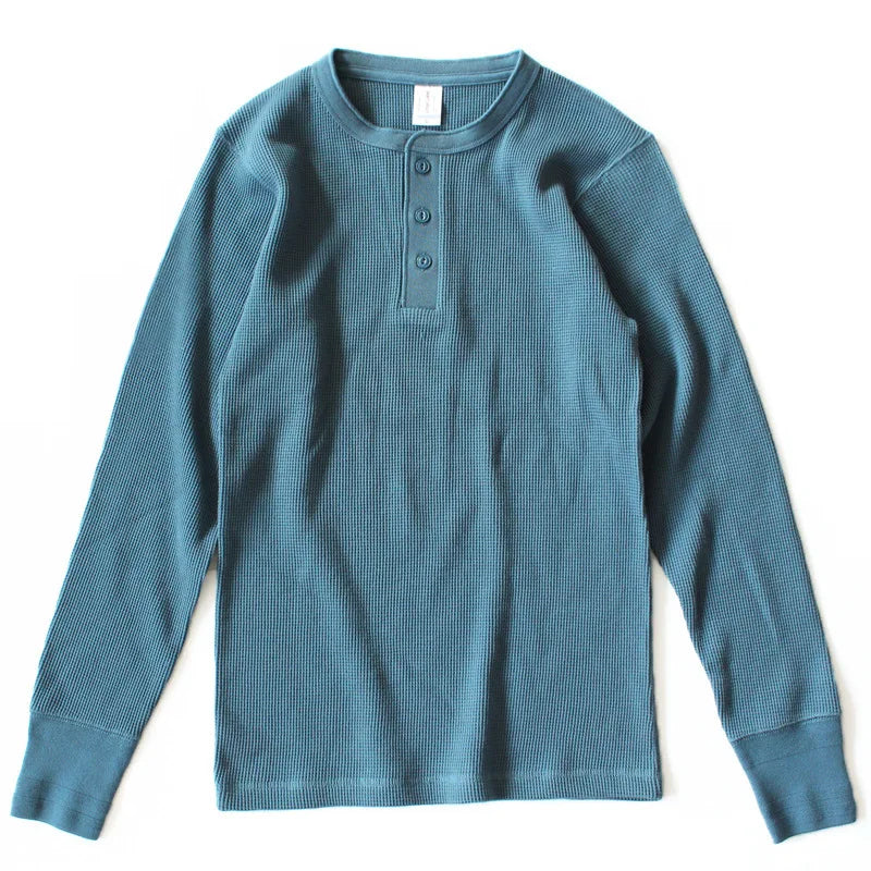 Harlow Waffle Henley in slate blue, front view