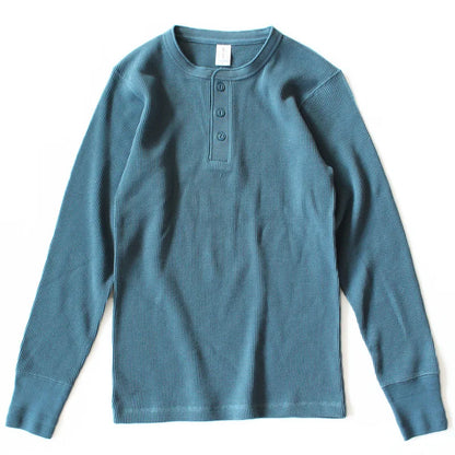 Harlow Waffle Henley in slate blue, front view