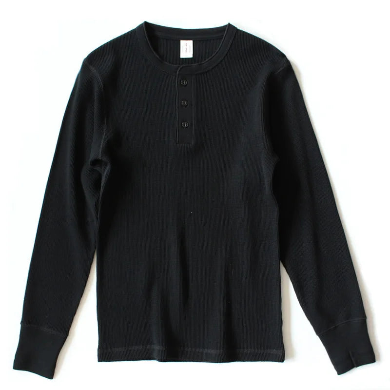 Harlow Waffle Henley in black, front view