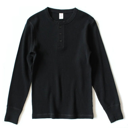 Harlow Waffle Henley in black, front view