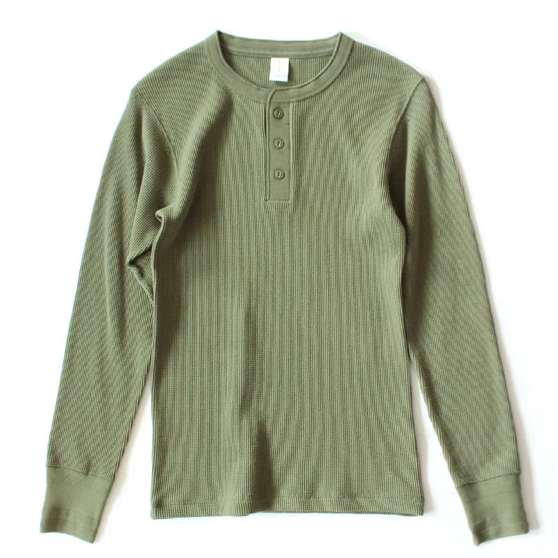 Harlow Waffle Henley in sage, front view