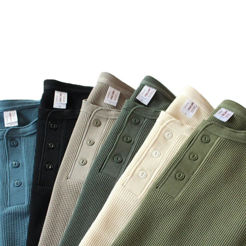 Harlow Waffle Henley button plackets in six colours