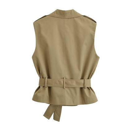 Back view of the khaki Sloane Trench Waistcoat showing the belt loops
