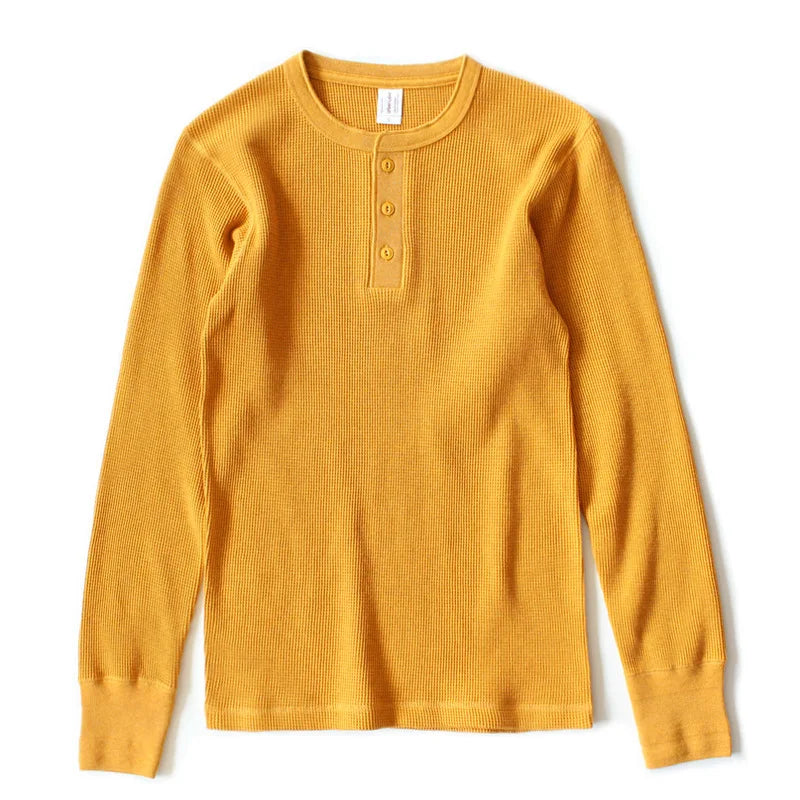 Harlow Waffle Henley in mustard, long sleeve, front view