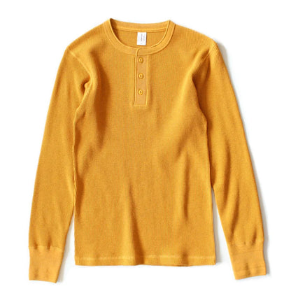 Harlow Waffle Henley in mustard, long sleeve, front view