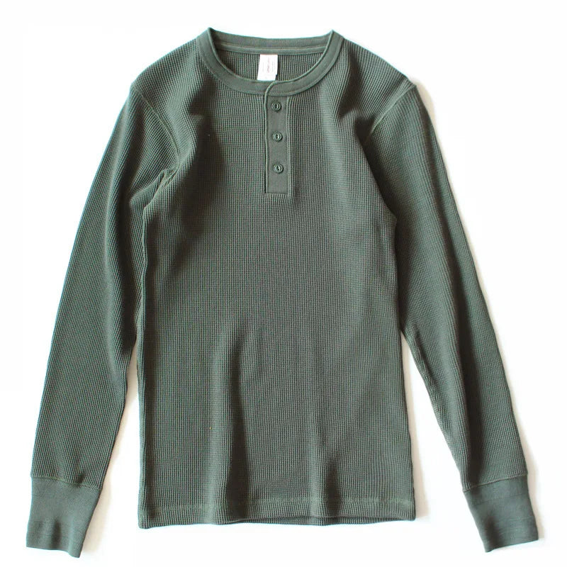 Harlow Waffle Henley in olive, front view