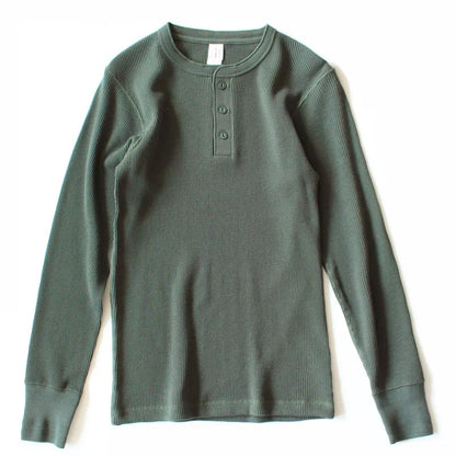 Harlow Waffle Henley in olive, front view